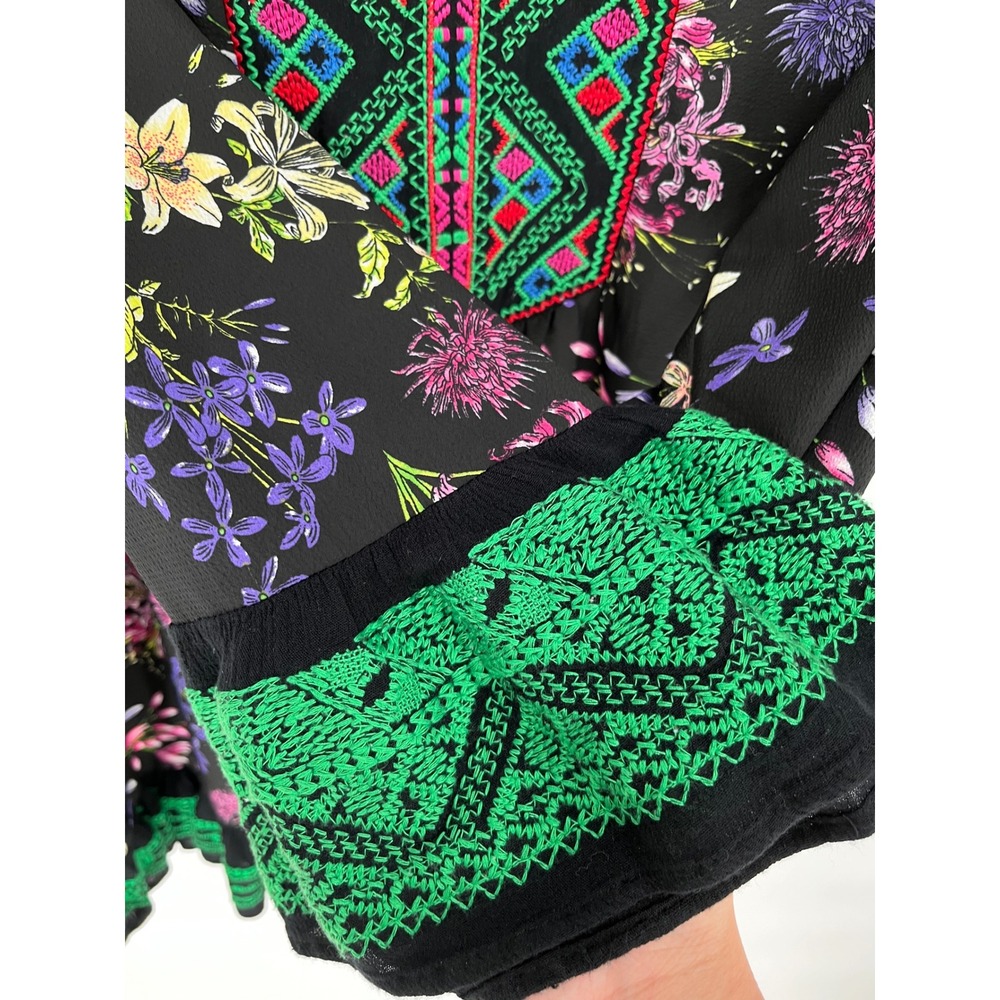 Colorful Tunic Blouse 2X Black Green Floral Embroidered Boho Peasant Top Caleoas - Picture 3 of 12
